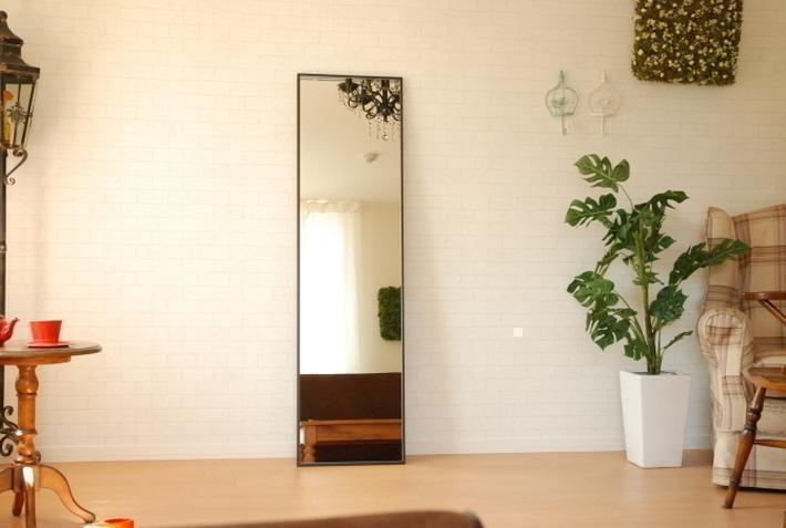 細枠 スタンド ウォールミラー 42cm x 153cm ホワイト ブラウン 日本製アンティーク家具 デザイナーズ家具 チェア 照明